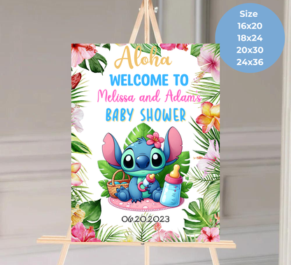 Stitch Aloha Baby Shower Welcome Sign | Tropical Hawaii Baby Shower Decor | Editable Canva Template | Ohana Welcome Poster Printable