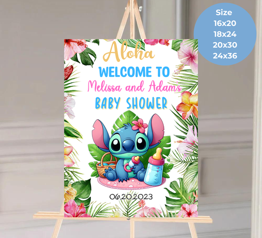 Stitch Aloha Baby Shower Welcome Sign | Tropical Hawaii Baby Shower Decor | Editable Canva Template | Ohana Welcome Poster Printable