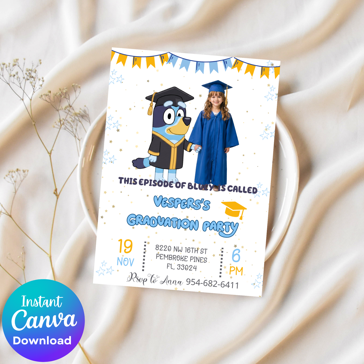 Bluey Kindergarten Graduation Invite with Photo | Cute School Milestone Canva Template 🎓🐾✨ – Kids Summer Splash Birthday Printable (Copy)