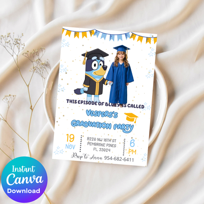 Bluey Kindergarten Graduation Invite with Photo | Cute School Milestone Canva Template 🎓🐾✨ – Kids Summer Splash Birthday Printable (Copy)