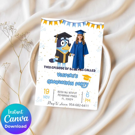 Bluey Kindergarten Graduation Invite with Photo | Cute School Milestone Canva Template 🎓🐾✨ – Kids Summer Splash Birthday Printable (Copy)