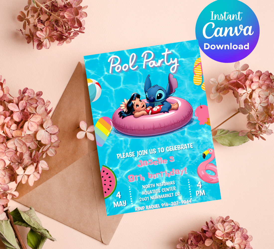 Stitch & Lilo Pool Birthday Invitation | Tropical Hawaiian Pool Party Invite | Editable Canva Template | Cute Summer Birthday Printable