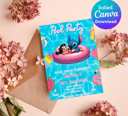 Stitch & Lilo Pool Birthday Invitation | Tropical Hawaiian Pool Party Invite | Editable Canva Template | Cute Summer Birthday Printable