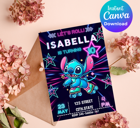 Stitch Neon Roller Skating Birthday Invitation | Glow Party Invite | Editable Canva Template | Blue Neon Skate Party Birthday Invitation
