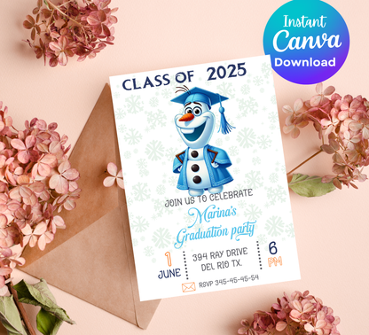Olaf Frozen Graduation Invitation | Kindergarten & School Moving Up Party | Editable Canva Template | Olaf "Summer" Graduation Announcement | Frozen School Leavers Invite
