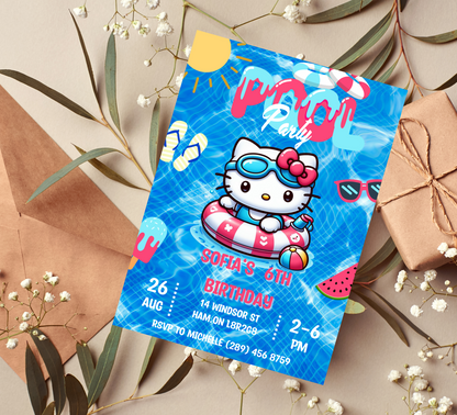 Hello Kitty Blue Pool Birthday Invitation | Kawaii Summer Swim Party Invite | Editable Canva Template | Printable Girls Birthday Invitation