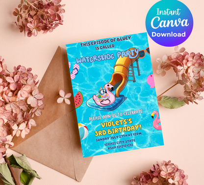 Bluey Waterslide Pool Birthday Invitation | Editable Canva Template | Bluey Swim Party Invite | Printable Kids Summer Birthday