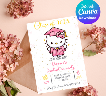 Hello Kitty Pink Graduation Invitation for Kids | Editable Canva Template | Cute Kawaii Graduation Party Invite | Printable Celebration Invitation