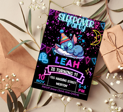 Stitch Neon Sleepover Birthday Invitation 🌙✨ | Glow Slumber Party Invite | Editable Canva Template