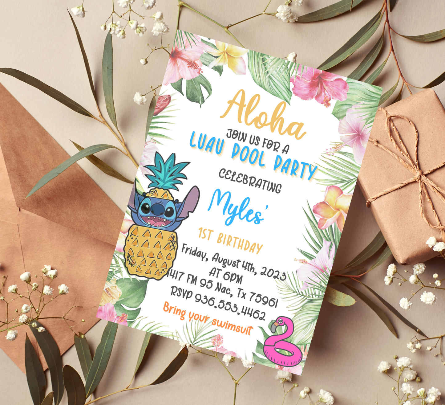 Stitch Aloha Luau Pool Birthday Invitation 🌺💦 | Tropical Hawaiian Party | Editable Digital Template