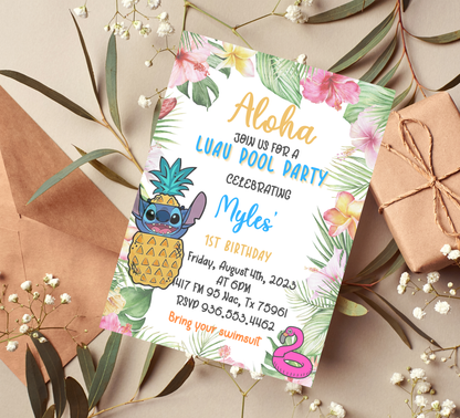 Stitch Aloha Luau Pool Birthday Invitation 🌺💦 | Tropical Hawaiian Party | Editable Digital Template