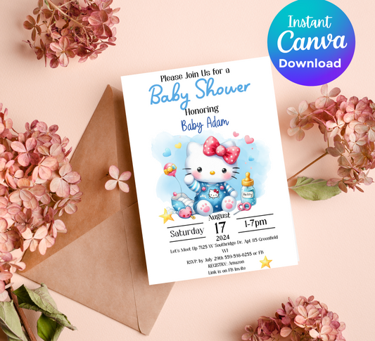 Hello Kitty Blue Baby Shower Invitation | Editable Canva Template | Kawaii Baby Boy Shower Invite | Printable Cute Baby Announcement