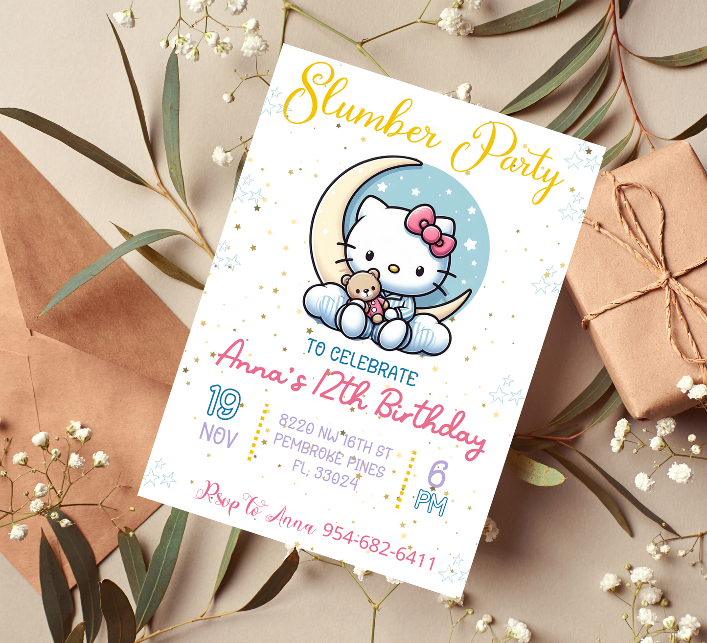 Hello Kitty Moon Sleepover Birthday Invitation 🌙🎀 | Kawaii Slumber Party | Editable Canva Template