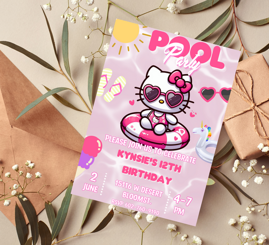 Hello Kitty Pink Pool Party Invitation | Self-Editable in Canva | Kawaii Summer Swim Birthday Invitation | Printable Template |
