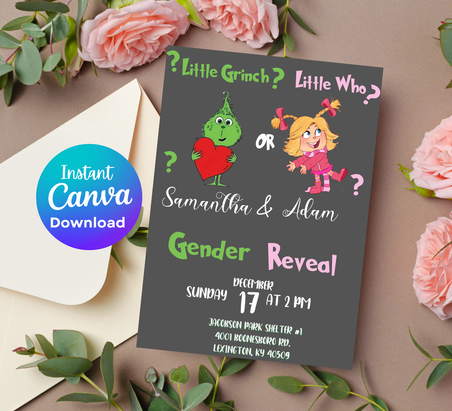 Grinch & Cindy Lou Christmas Gender Reveal Invitation | Pink & Green Holiday Reveal | Editable Template