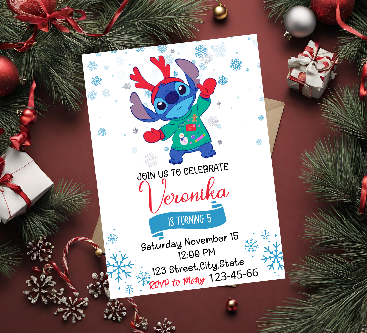 Stitch Christmas Birthday Winter Invitation | Holiday Party Invite | Editable Template