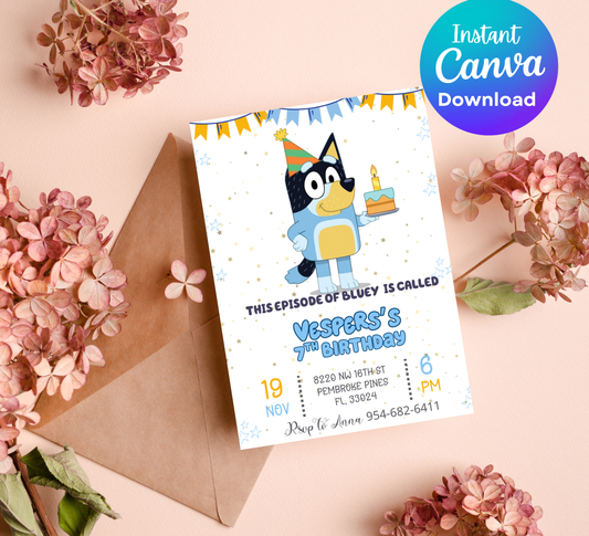 Bluey Heeler Dog Birthday Invitation | Editable Canva Template | Kids Party Invite | Printable Bluey Theme Birthday Invitation