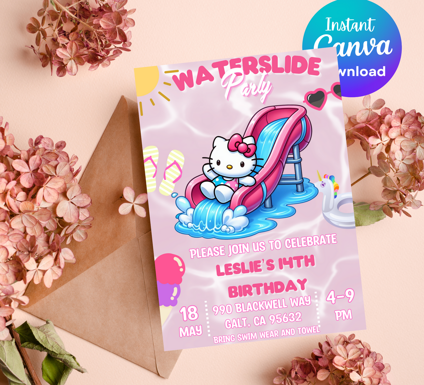 Hello Kitty Waterslide Pink Birthday Invitation 🎀💦 | Kawaii Pool Party | Editable Canva Template