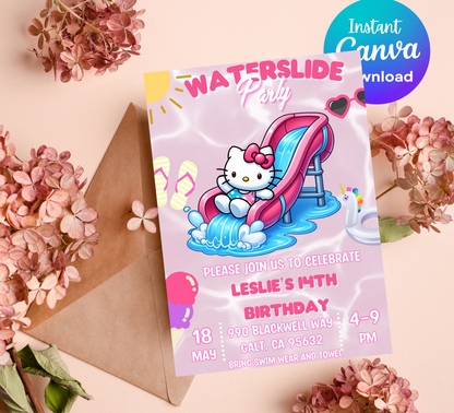 Hello Kitty Waterslide Pink Birthday Invitation 🎀💦 | Kawaii Pool Party | Editable Canva Template