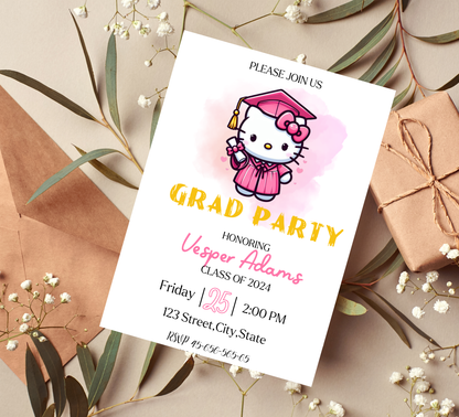 Hello Kitty Graduation Invitation | Kindergarten & School Celebration | Editable Canva Template