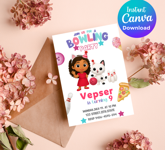 Gabby's Dollhouse Bowling Birthday Invitation – Editable Canva Template – Cat-tastic Bowling Party Invite – Kids Summer or Indoor Activity Birthday – Instant Download