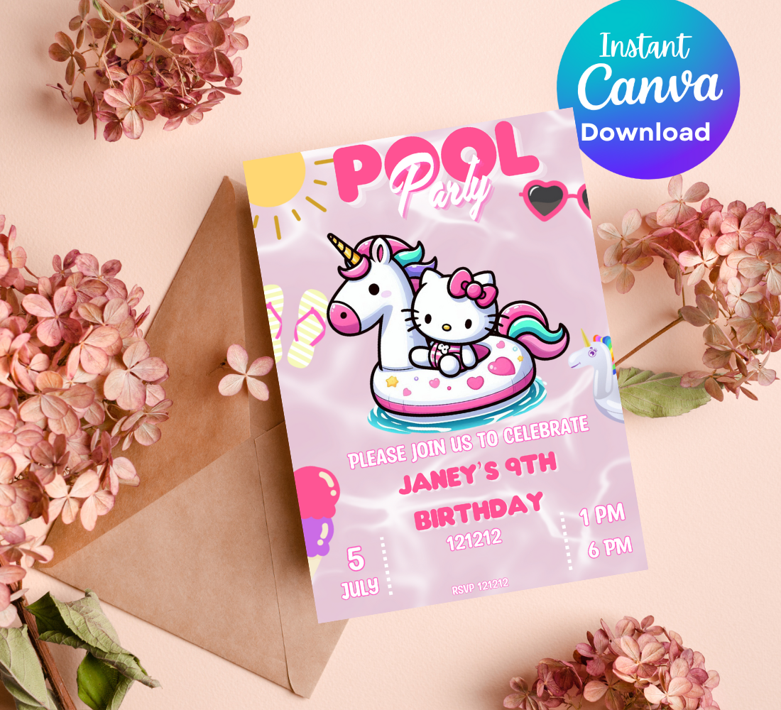 Hello Kitty Unicorn Pool Birthday Invitation | Editable Canva Template | Kawaii Summer Swim Party Invite | Printable Girls Birthday Invitation