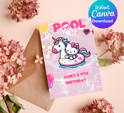 Hello Kitty Unicorn Pool Birthday Invitation | Editable Canva Template | Kawaii Summer Swim Party Invite | Printable Girls Birthday Invitation