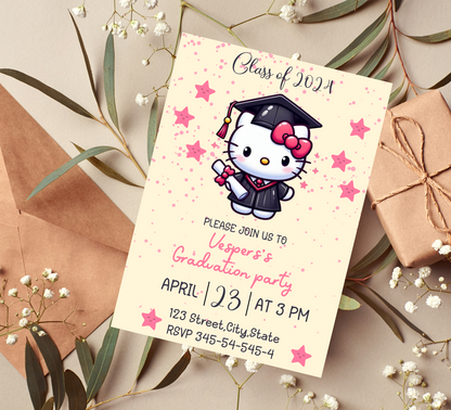 Hello Kitty Kawaii Graduation Invitation | Preschool, Kindergarten & School Editable Canva Template | Cute Pink Printable Graduation Invite