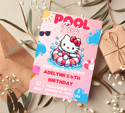Hello Kitty Pink Pool Birthday Invitation | Kawaii Summer Swim Party | Editable Canva Template