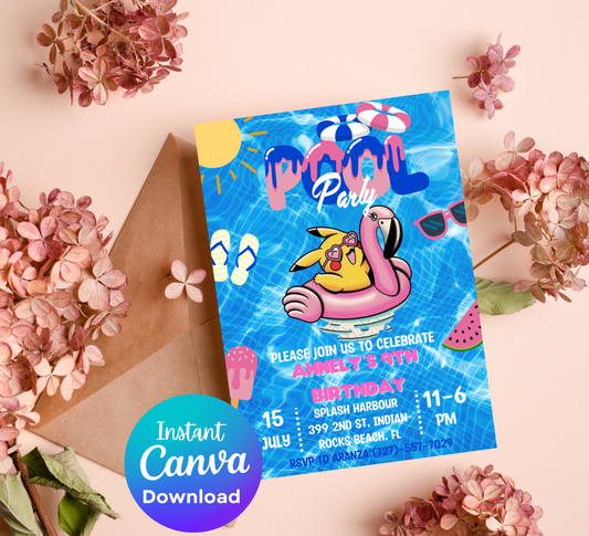 Pikachu Pokémon Pool Birthday Invitation | Summer Splash Party | Editable Digital Template