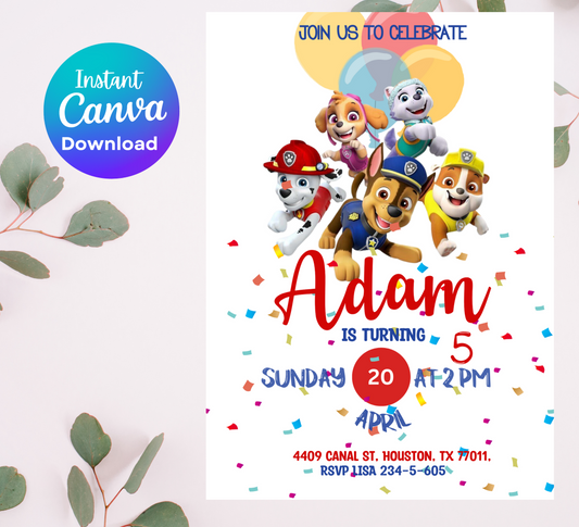 Paw Patrol Birthday Invitation | Kids Rescue Party Invite | Editable Canva Template | Printable Puppy Patrol Birthday Card