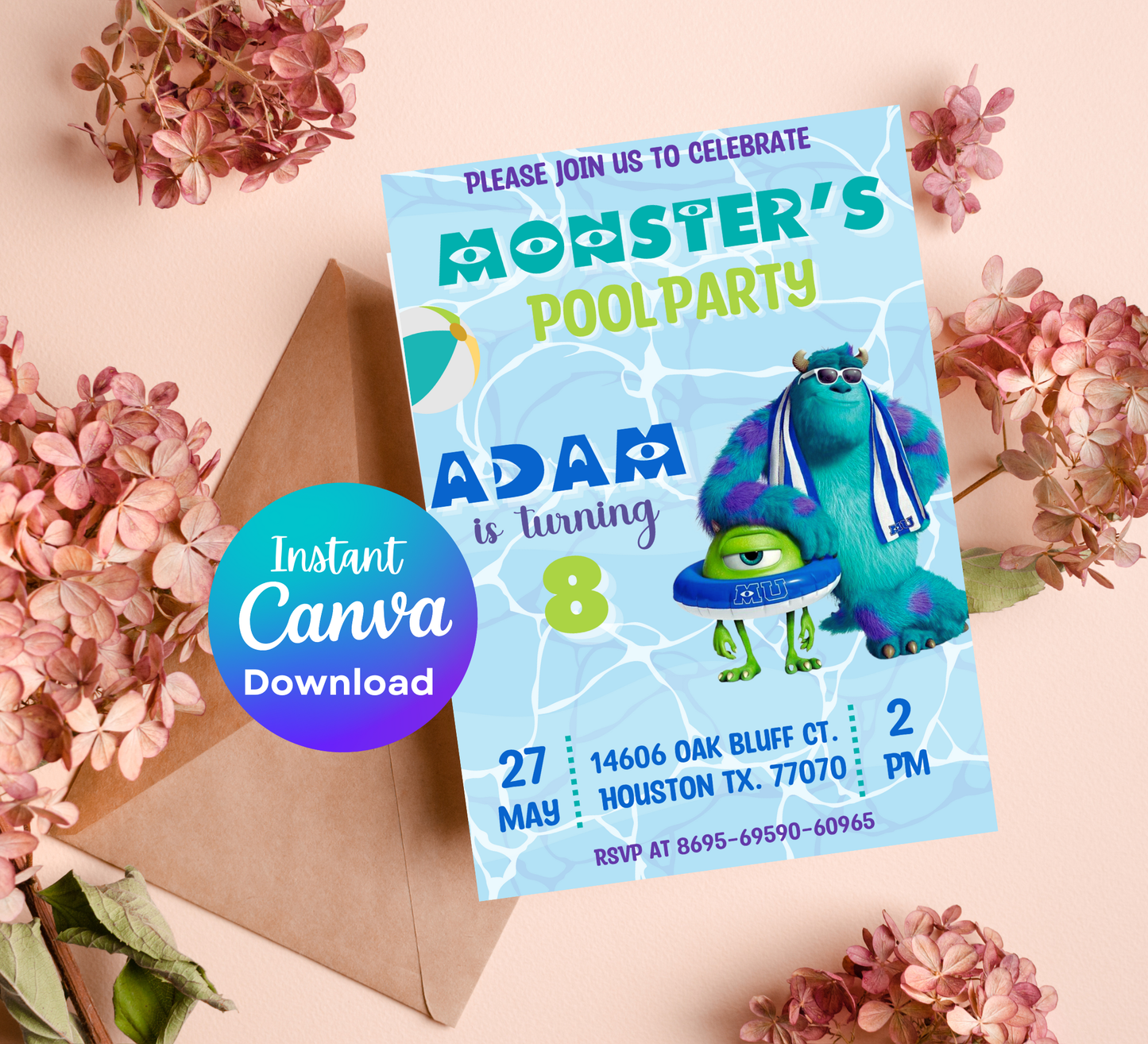 Monsters Inc Pool Birthday Invitation 💦👾 | Sulley Boo Swim Party Invite | Editable Canva Template