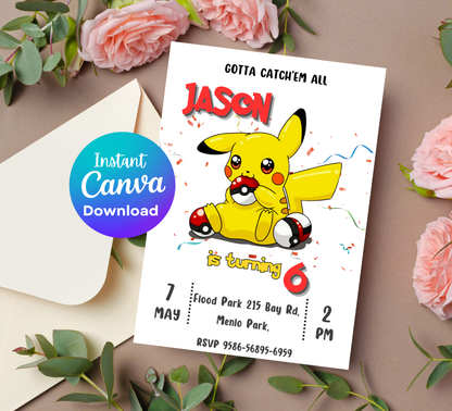 Pikachu Pokémon Birthday Invitation | Cute Kids Party Invite | Editable Digital Template