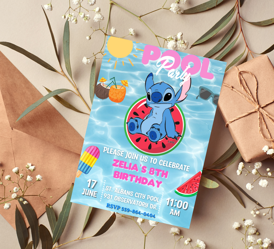 Stitch Pool Birthday Invitation | Summer Swim Party Invite | Editable Canva Template