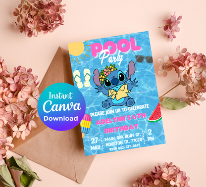 Stitch Pool Hawaii Tropical Birthday Invitation | Luau Party Invite | Editable Template