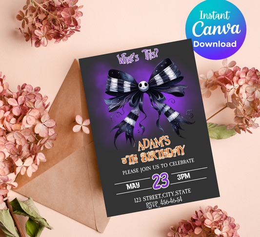 Nightmare Before Christmas Bow Birthday Invitation | Jack & Sally Party Invite | Editable Canva Template | Spooky Cute Printable Birthday Invitation