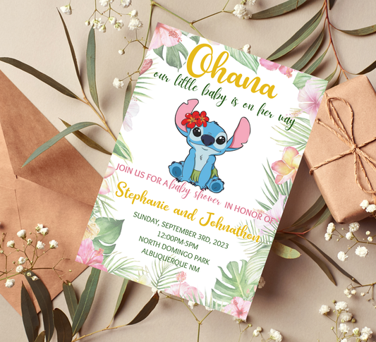 Stitch Ohana Aloha Tropical Baby Shower Invitation | Hawaii Theme | Editable Canva Template