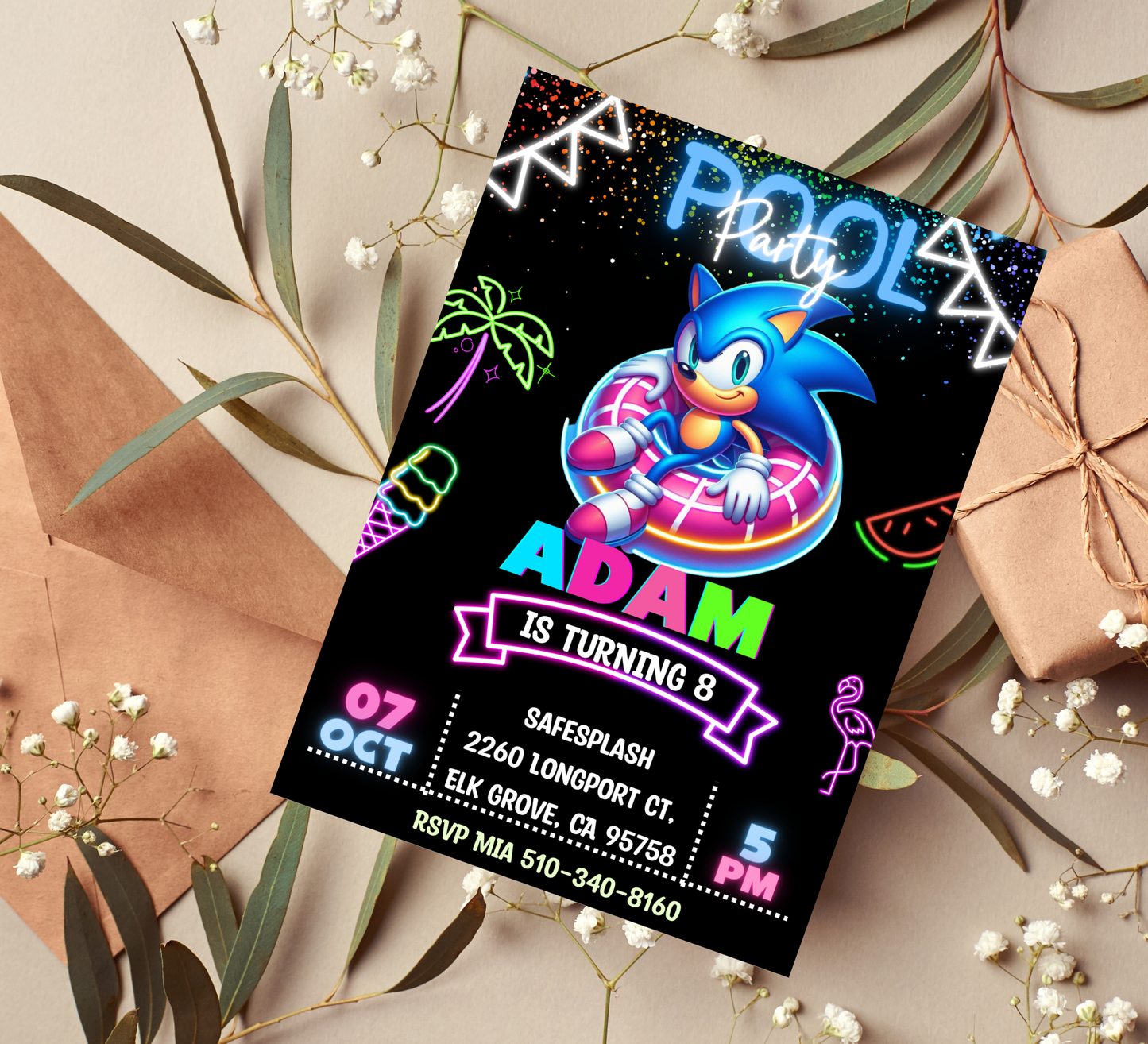 Sonic the Hedgehog Neon Pool Birthday Invitation | Cyber Blue Summer Swim Party | Editable Canva Template | Sonic Speed Splash Invite | Printable Kids Neon Pool Bash