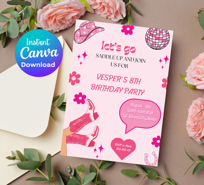 Barbie Cowgirl Cowboy Birthday Invitation | Pink Western Rodeo Party | Editable Template