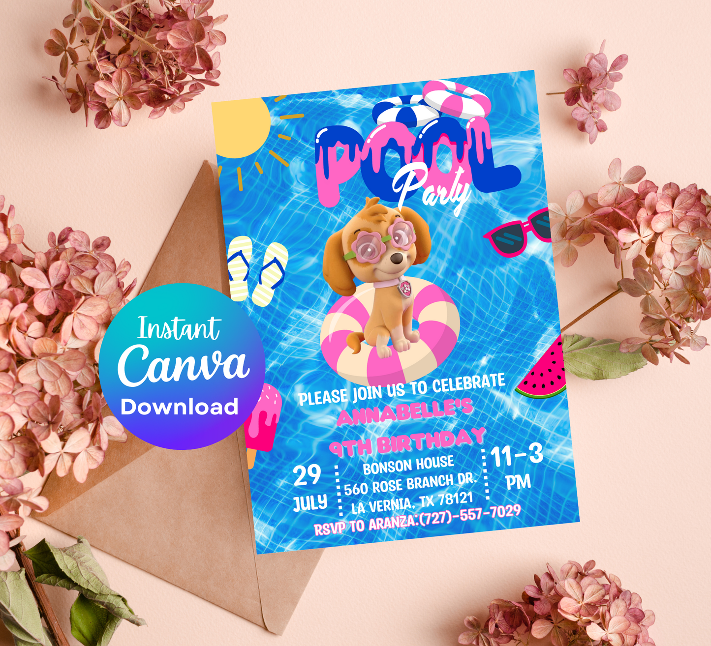 PAW Patrol Skye Pool Birthday Invitation | Pink Summer Splash Party | Editable Digital Template
