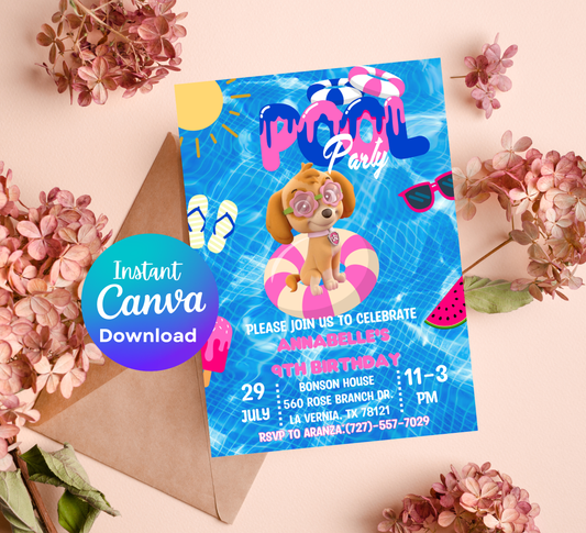 PAW Patrol Skye Pool Birthday Invitation | Pink Summer Splash Party | Editable Digital Template