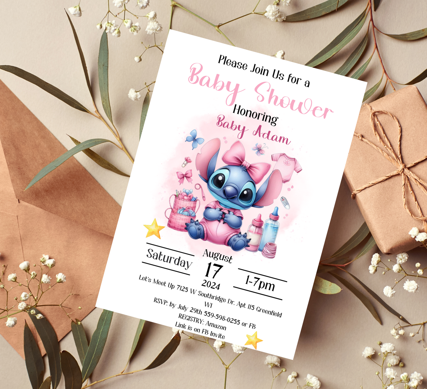 Pink Stitch Watercolor Baby Shower Invitation | Cute Girl Baby Shower | Editable Template