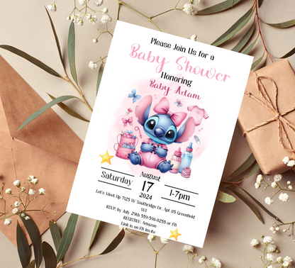 Pink Stitch Watercolor Baby Shower Invitation | Cute Girl Baby Shower | Editable Template