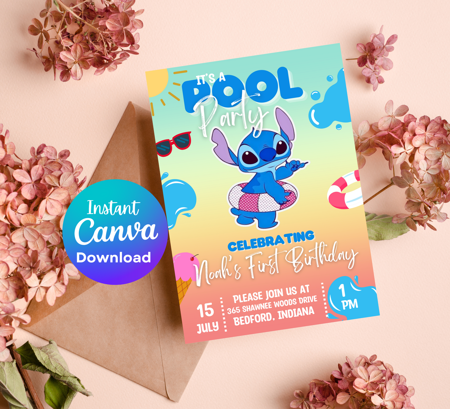 Stitch Pool Blue Birthday Invitation | Summer Swim Party | Editable Canva Template