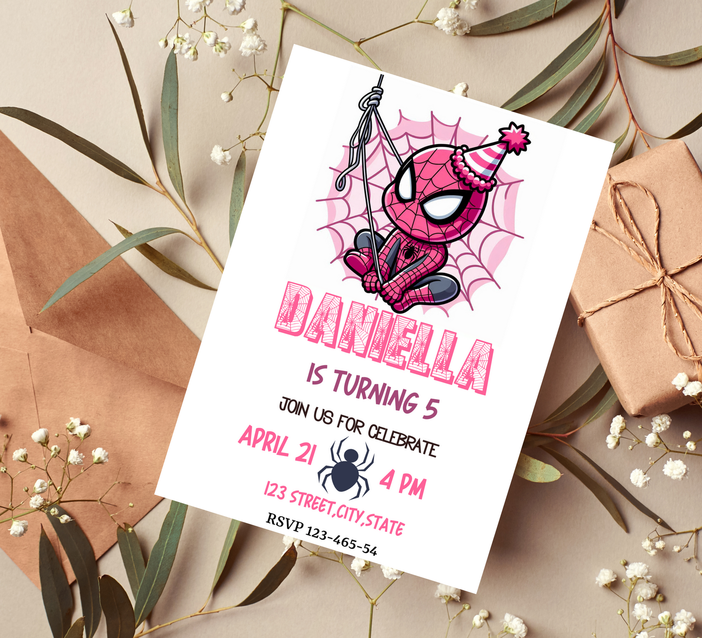 Pink Spiderman Birthday Invitation | Girl’s Spider Hero Party Invite | Editable Canva Template | Cute Superhero Printable