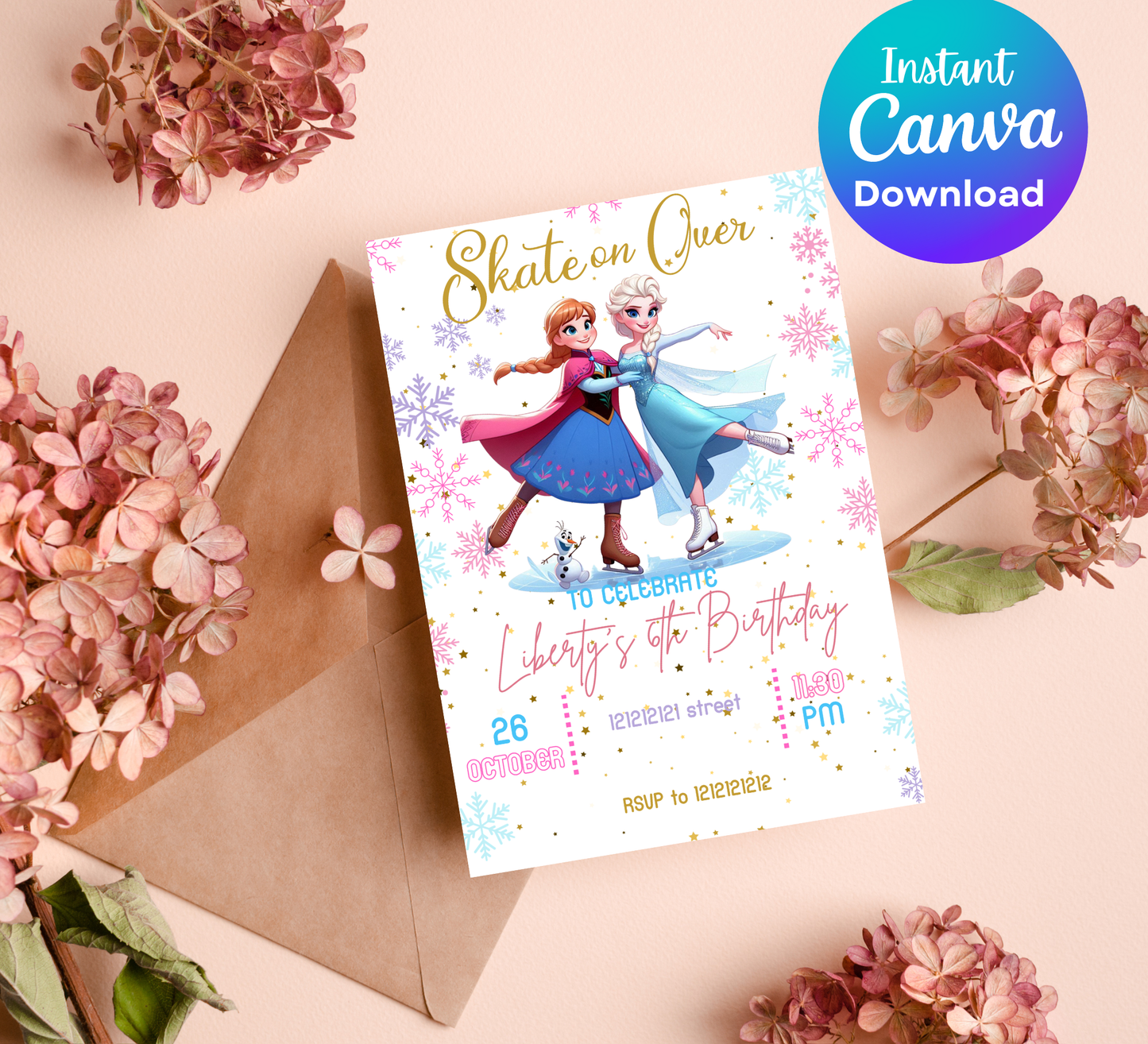 Frozen Ice Princess Roller Skating Birthday Invitation | Winter Skating Party | Editable Template