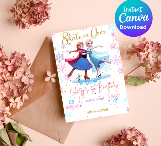Frozen Ice Princess Roller Skating Birthday Invitation | Winter Skating Party | Editable Template