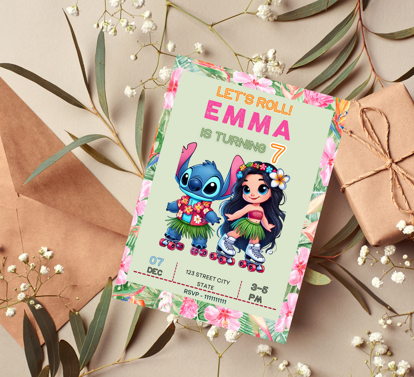 Stitch & Lilo Tropical Roller Skating Birthday Invitation | Editable Canva Template | Kawaii Summer Party Invite | Printable Kids Birthday Invitation