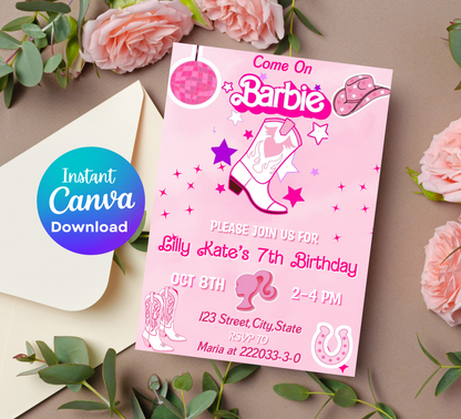 Barbie Cowboy Pink Birthday Invitation | Editable Canva Template | Kawaii Western Party Invite | Printable Girls Birthday Invitation