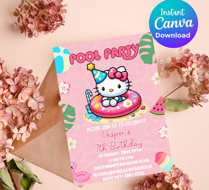 Hello Kitty Pool Pink Birthday Invitation | Editable Summer Pool Party Invite for Girls | Cute & Customizable Hello Kitty Template